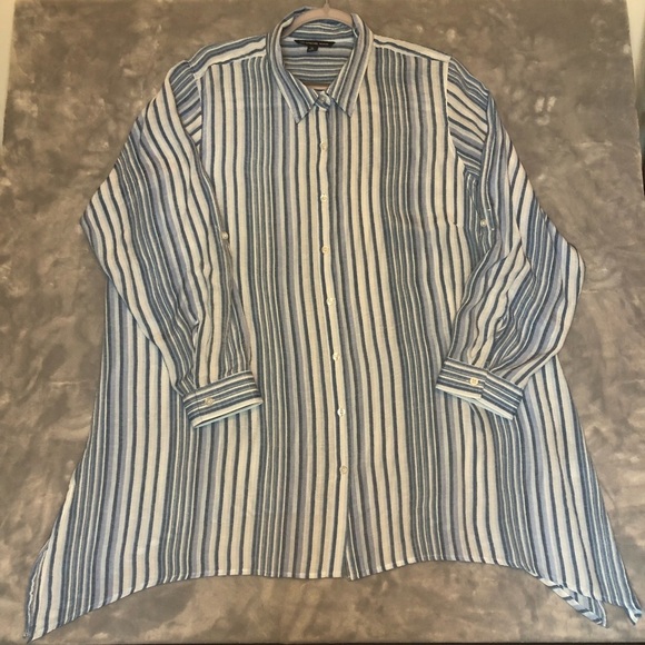 Zac & Rachel Woman Striped Button-Down Flowy Blouse Blues/White Size 2X - Picture 2 of 7